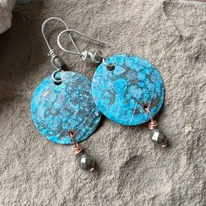 Copper disk dangling earrings with pyrite bead sterling silver ear wires Patina